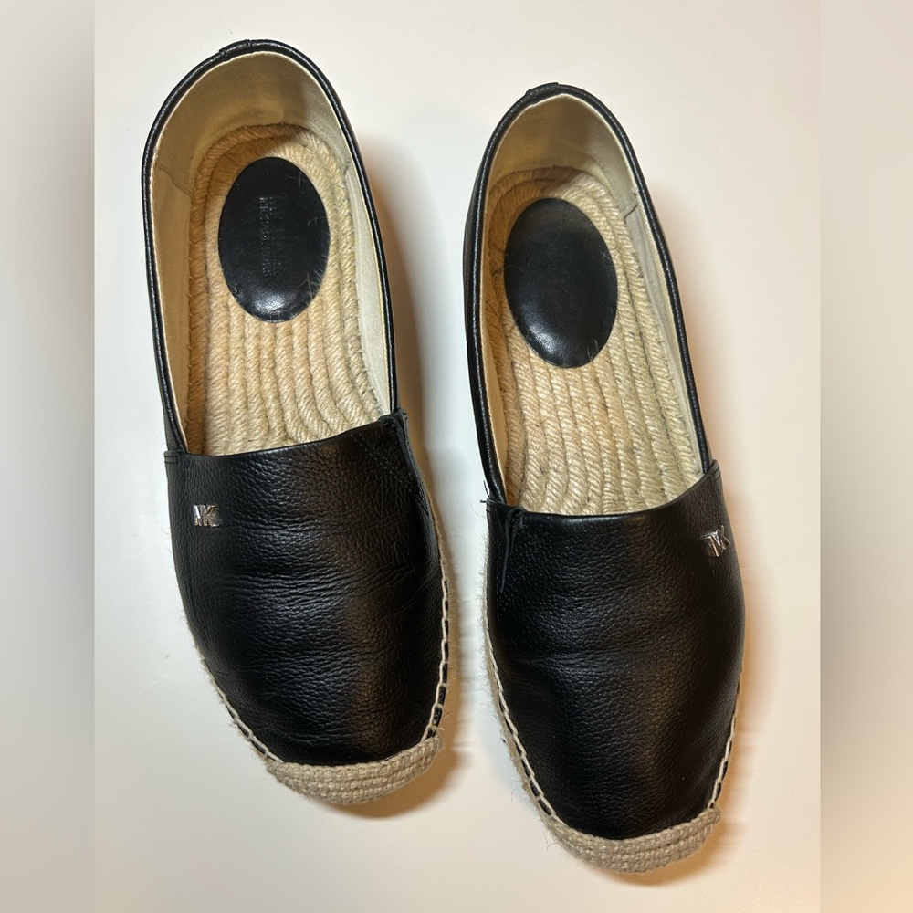 Michael Kors Black Leather- Kendrick Slip On Espadrille Shoes